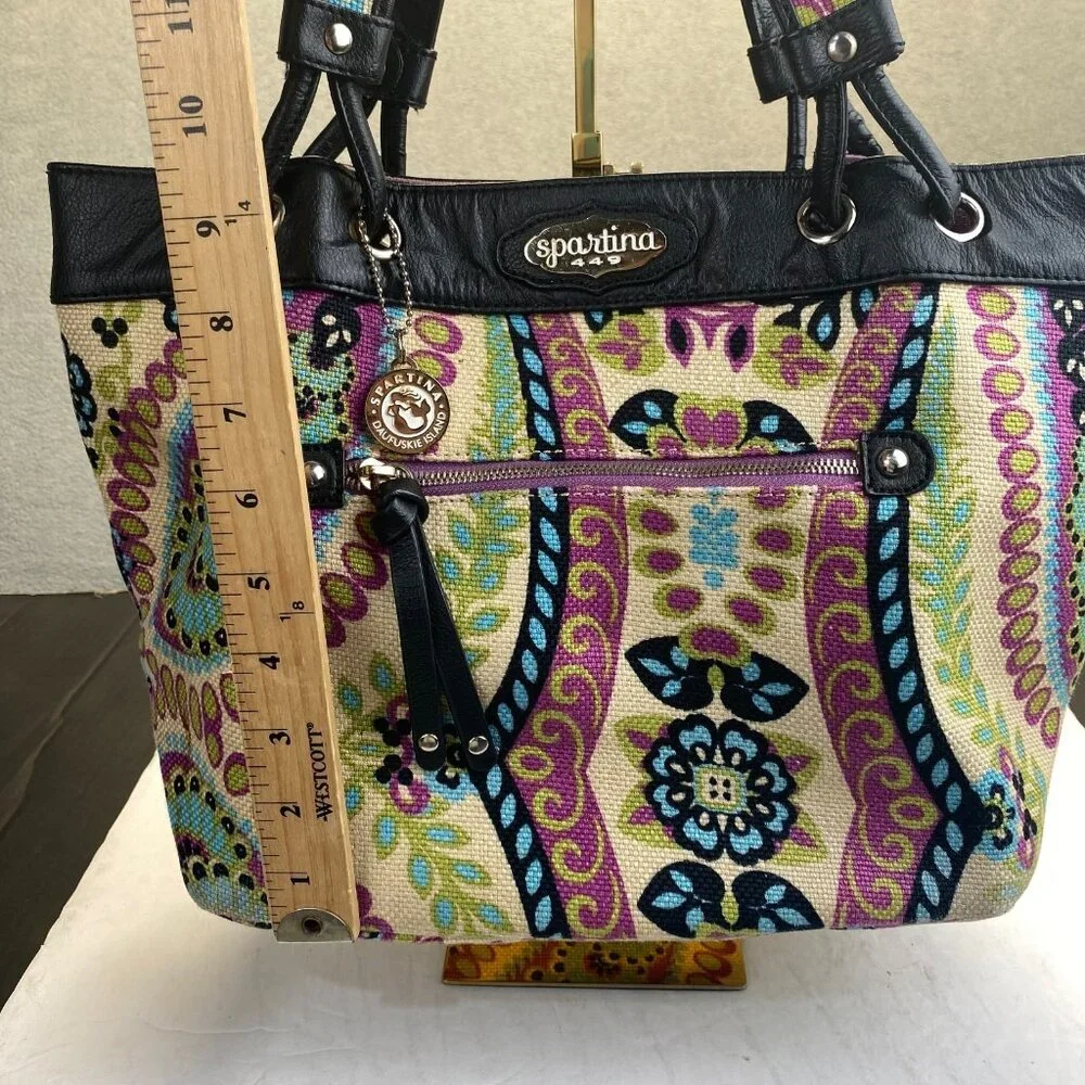 Spartina 449 Floral Multicolor Linen‎ Fabric with Black Leather Trim Tote Bag